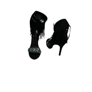 athena women black fringe ankle straps stiletto heels sandals sz 7